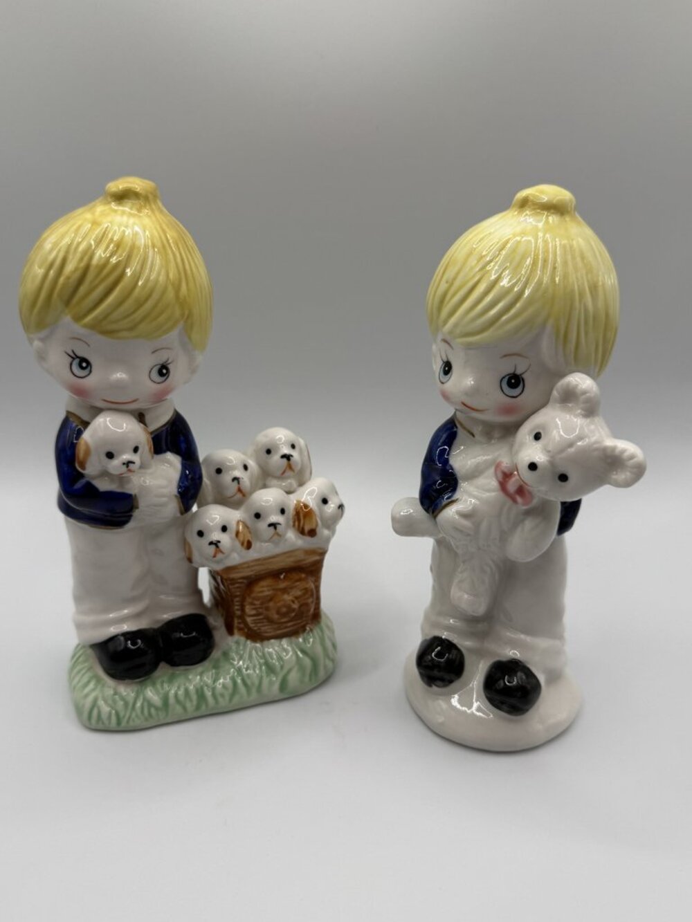 VTG Ceramic Porcelain Girl with Puppies/Teddy Bear Figurines